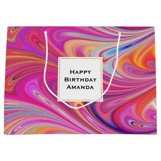 ピンクトリップ（幻覚体験）のようなとオレンジの渦巻形のデザイン誕生日 ラージペーパーバッグ (正面)