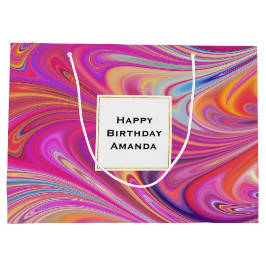 ピンクトリップ（幻覚体験）のようなとオレンジの渦巻形のデザイン誕生日 ラージペーパーバッグ (裏面)