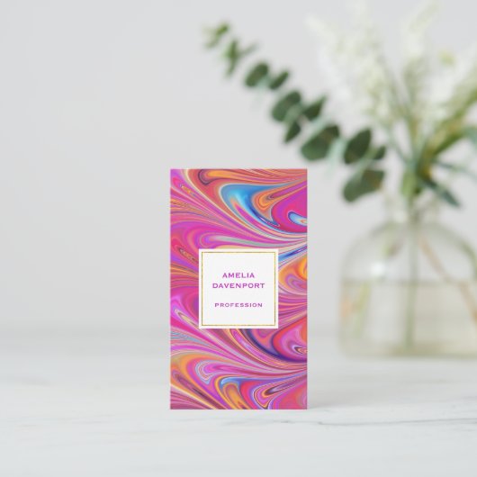 ピンクトリップ(幻覚体験)のようなとオレンジの渦巻形のデザイン 名刺 (スタンド正面)