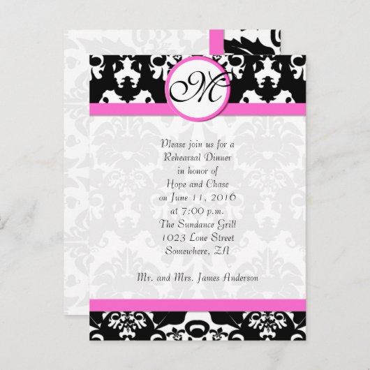 ピンクトリムブラックダマスクリハーサルディナー インビテーションポストカード (正面/裏面)