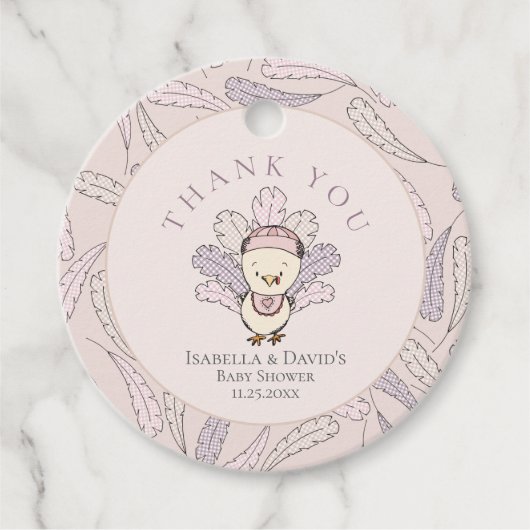 ピンクトルコと羽ガールベビーシャワーありがとう フェイバータグ (正面)