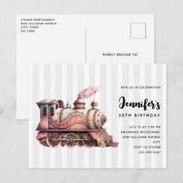 ピンクトレインエンジンヴィンテージスチームパンクスタイル誕生日 インビテーションポストカード