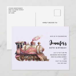 ピンクトレインエンジンヴィンテージスチームパンクスタイル誕生日 インビテーションポストカード