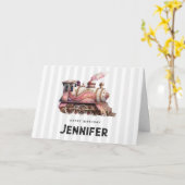 ピンクトレインエンジンヴィンテージスチームパンクスタイル誕生日 カード (黄色い花)