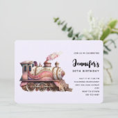 ピンクトレインエンジンヴィンテージスチームパンクスタイル誕生日 招待状 (スタンド正面)