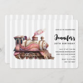 ピンクトレインエンジンヴィンテージスチームパンクスタイル誕生日 招待状 (正面/裏面)