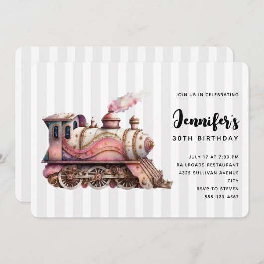 ピンクトレインエンジンヴィンテージスチームパンクスタイル誕生日 招待状 (正面/裏面)