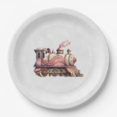 ピンクトレインエンジンヴィンテージスチームパンクスタイル ペーパープレート (正面)