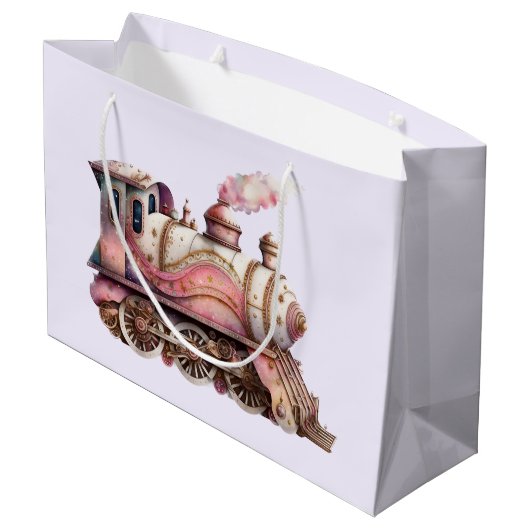 ピンクトレインエンジンヴィンテージスチームパンクスタイル ラージペーパーバッグ (裏面アングル)
