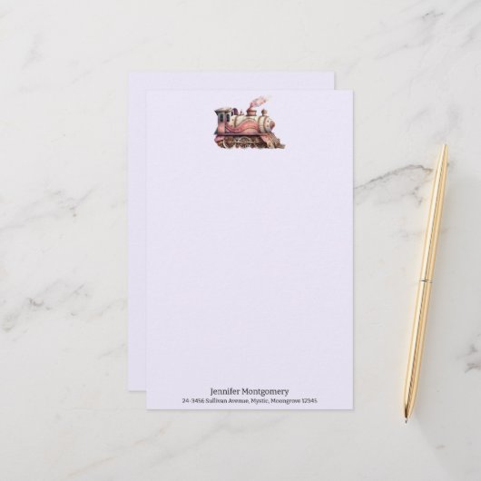 ピンクトレインエンジンヴィンテージスチームパンクスタイル 便箋 (正面/裏面インサイチュ)