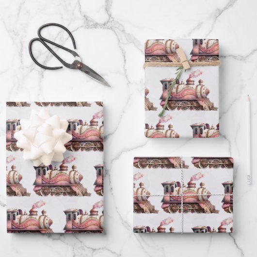 ピンクトレインエンジンヴィンテージスチームパンクパターン ラッピングペーパーシート (正面)