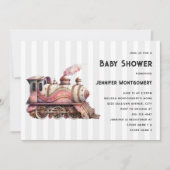 ピンクトレインエンジンヴィンテージスチームパンクベビーシャワー 招待状 (正面)