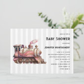 ピンクトレインエンジンヴィンテージスチームパンクベビーシャワー 招待状 (スタンド正面)