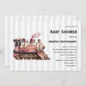 ピンクトレインエンジンヴィンテージスチームパンクベビーシャワー 招待状 (正面/裏面)