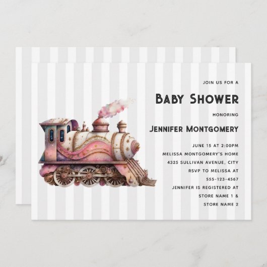 ピンクトレインエンジンヴィンテージスチームパンクベビーシャワー 招待状 (正面/裏面)