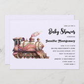 ピンクトレインエンジンヴィンテージスチームパンクベビーシャワー 招待状 (正面/裏面)