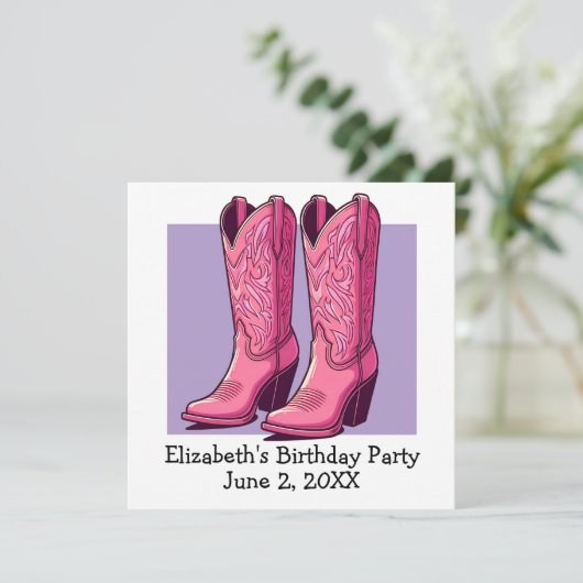 ピンクトレンディー女性のカーボーイブーツガールバースデーパーティー 招待状 (スタンド正面)