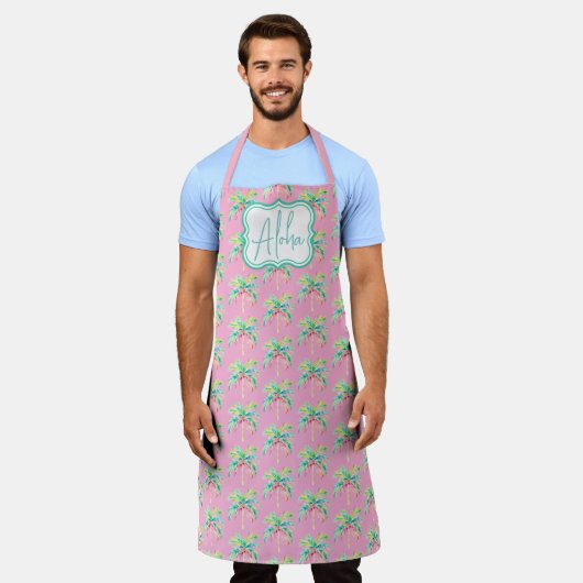 ピンクトロピカルアイランドパームオールオーバープリントエプロン エプロン (着用した状態)
