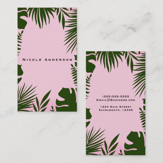 ピンクトロピカルグリーン離れボタニカルエレガントシック 名刺 (正面/裏面)