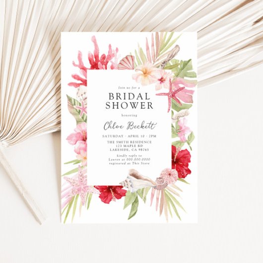 ピンクトロピカルシーシェルブライダルシャワー 招待状