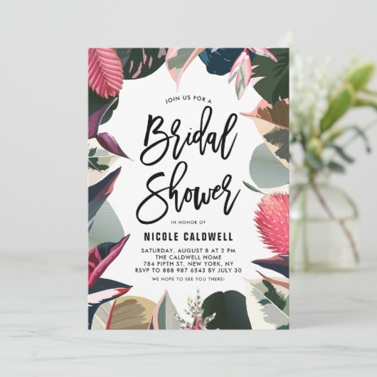 ピンクトロピカルハウスプラントフレームブライダルシャワー 招待状 (スタンド正面)