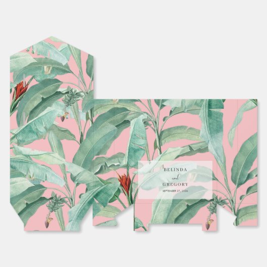 ピンクトロピカルバナナパーム葉結婚式の引き出物 フェイバーボックス (見開き)