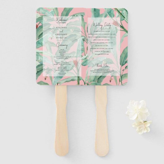 ピンクトロピカルバナナパーム葉結婚式 プログラム ハンドファン (正面&裏面)