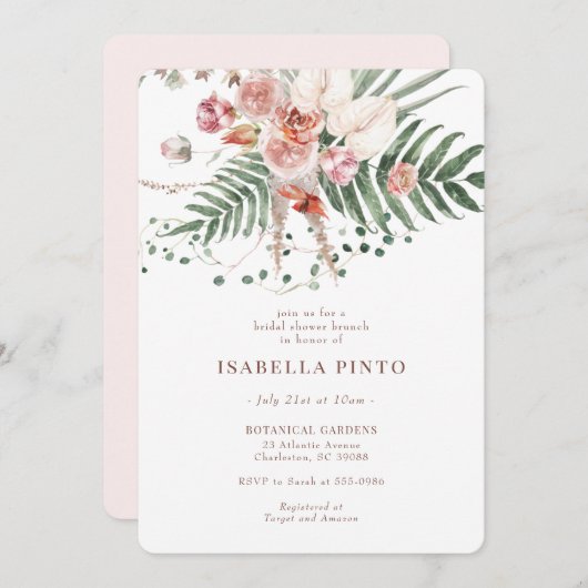 ピンクトロピカルボホフローラブライダルシャワー 招待状 (正面/裏面)