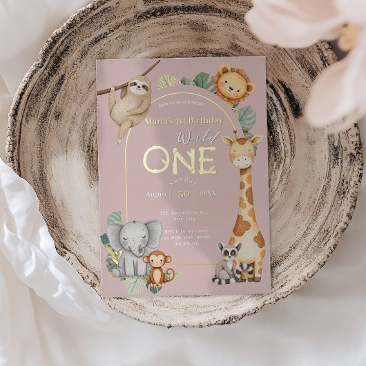 ピンクトロピカルワイルドワンジャングルサファリ動物 箔招待状