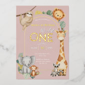 ピンクトロピカルワイルドワンジャングルサファリ動物 箔招待状 (正面)