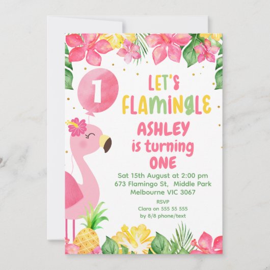 ピンクトロピカル フラミンゴ Let's Flamingle 1歳誕生日 招待状 (正面)