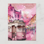 ピンクトロリーカーシティスケープイラストレーション ポストカード (正面)