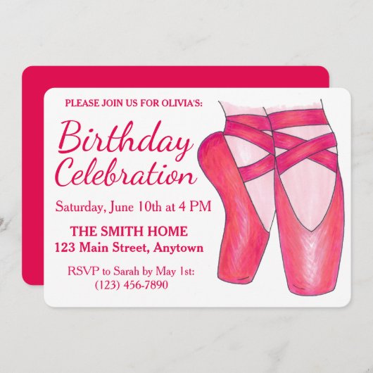 ピンクトーシューズバレエバレリーナダンス誕生日 招待状 (正面/裏面)