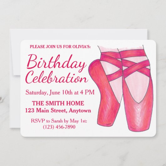 ピンクトーシューズバレエバレリーナダンス誕生日 招待状 (正面)