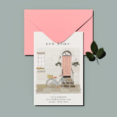 ピンクドア図解入りの、写真付きのの移動告知 案内状