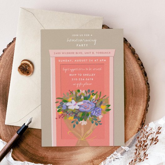 ピンクドア引っ越し祝いパーティーパーティー 図解入りの、写真付きの 招待状