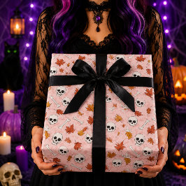 ピンクドクロの秋の葉ハロウィンパターン ラッピングペーパー