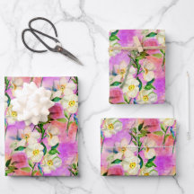 ピンクドッグバラウオーターカラーフローラ包装紙