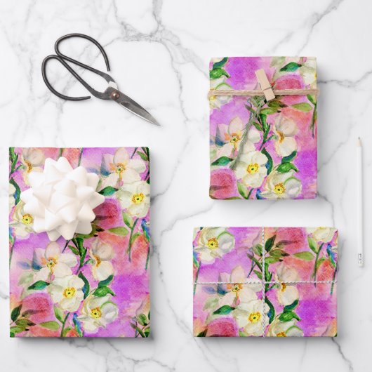 ピンクドッグバラウオーターカラーフローラ包装紙 ラッピングペーパーシート (正面)