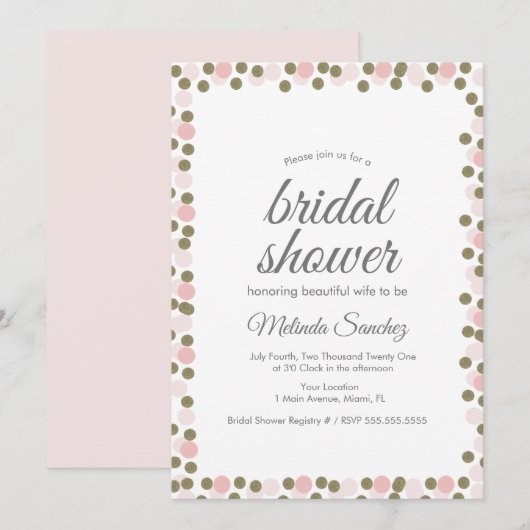 ピンクドットのコンフェッティゴールド縁取りのブライズシャワー 招待状 (正面/裏面)