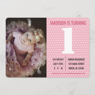 ピンクドットの女子写真の子供の誕生日 招待状