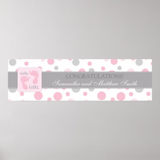 ピンクドット&足プリントガールベビーシャワーバナー ポスター (正面)