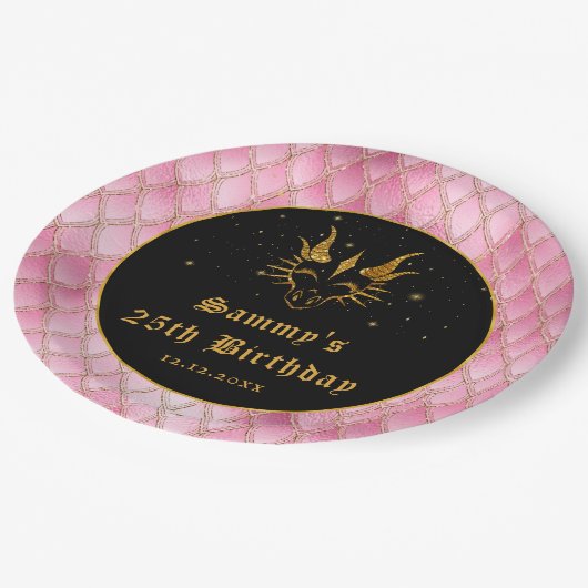 ピンクドラゴンはかりで測金ゴールドフェイクグリッター誕生日 ペーパープレート (アングル)