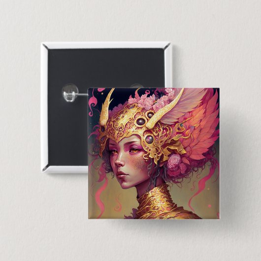ピンクドラゴンウーマンファンタジーアート 缶バッジ (正面&裏面)
