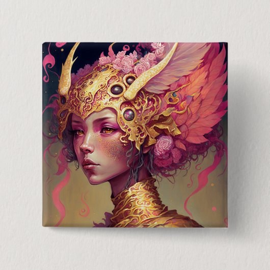 ピンクドラゴンウーマンファンタジーアート 缶バッジ (正面)