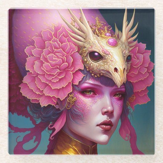 ピンクドラゴンスカル女性ファンタジーアート ガラスコースター (正面)