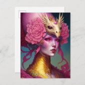 ピンクドラゴンスカル女性ファンタジーアート ポストカード (正面/裏面)