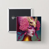 ピンクドラゴンスカル女性ファンタジーアート 缶バッジ (正面&裏面)