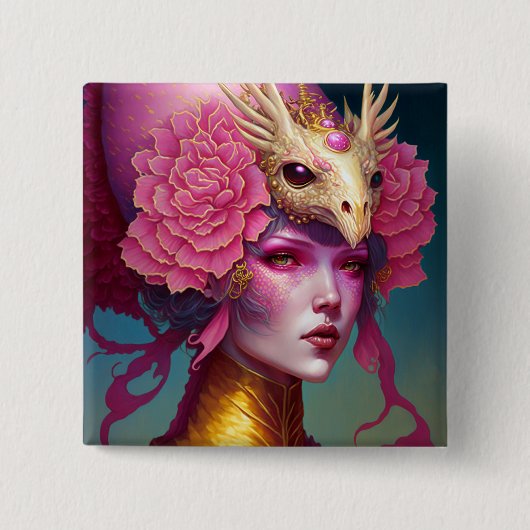 ピンクドラゴンスカル女性ファンタジーアート 缶バッジ (正面)