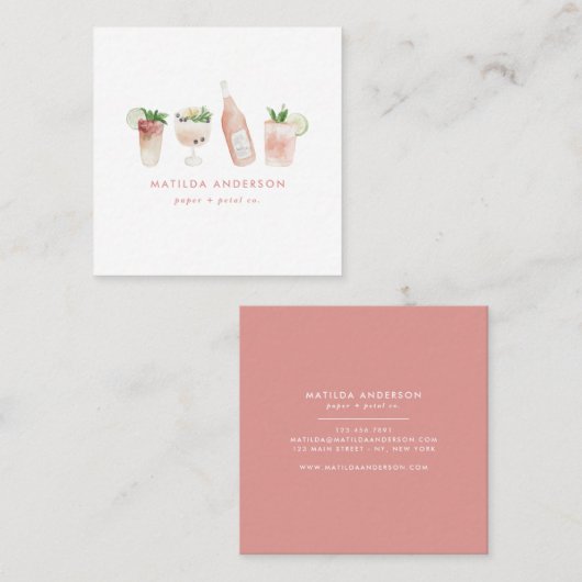ピンクドリガーリーンクのカクテルワモダンイン水彩画 スクエア名刺 (正面/裏面)